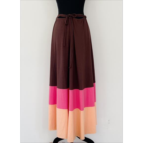 Vintage bebe Sz Medium Wrap Maxi Skirt/Dress Brown Pink Orange Block Stripe - Picture 3 of 9